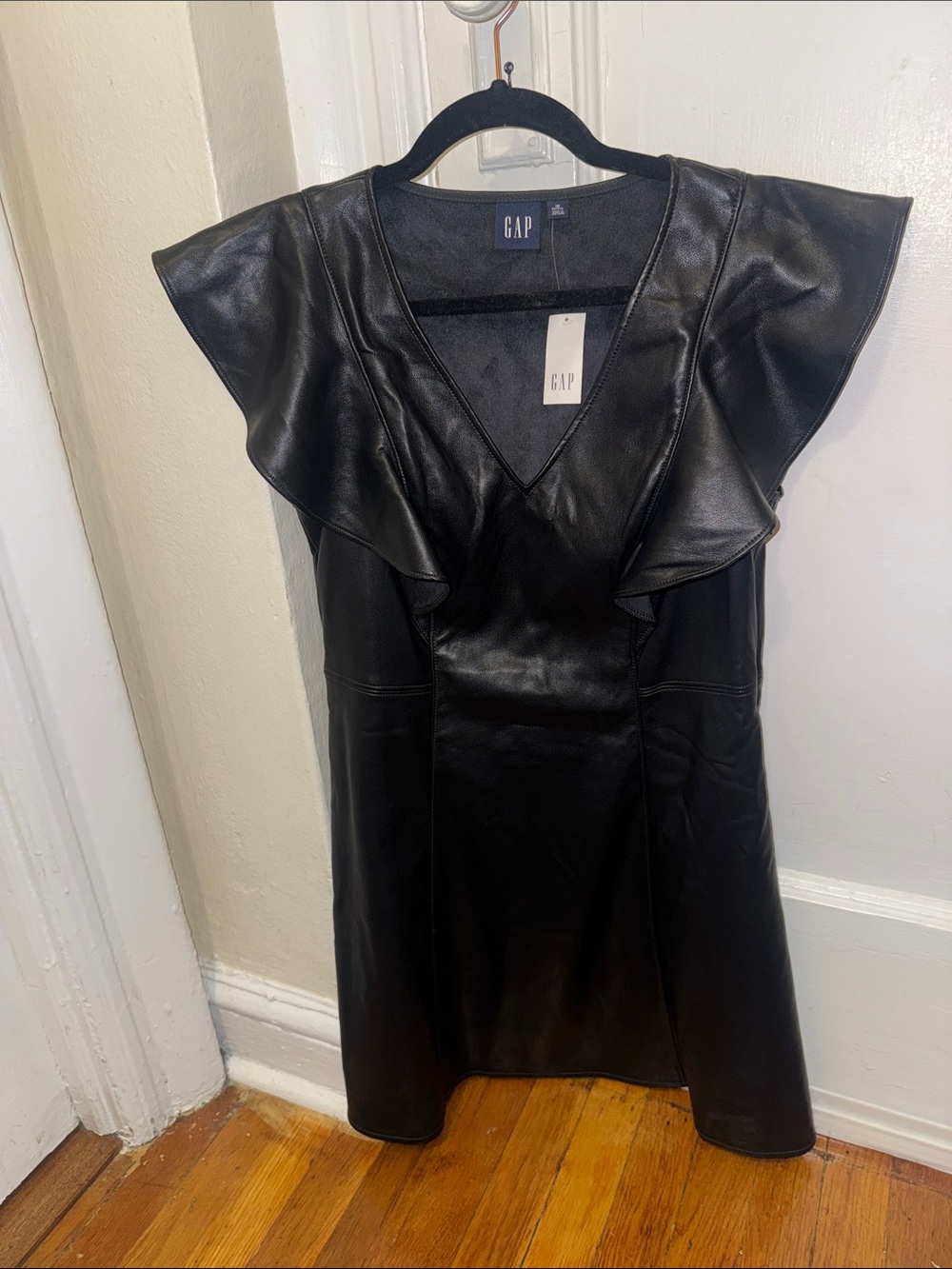 GAP Black Faux Leather Flutter-Sleeve Mini Dress